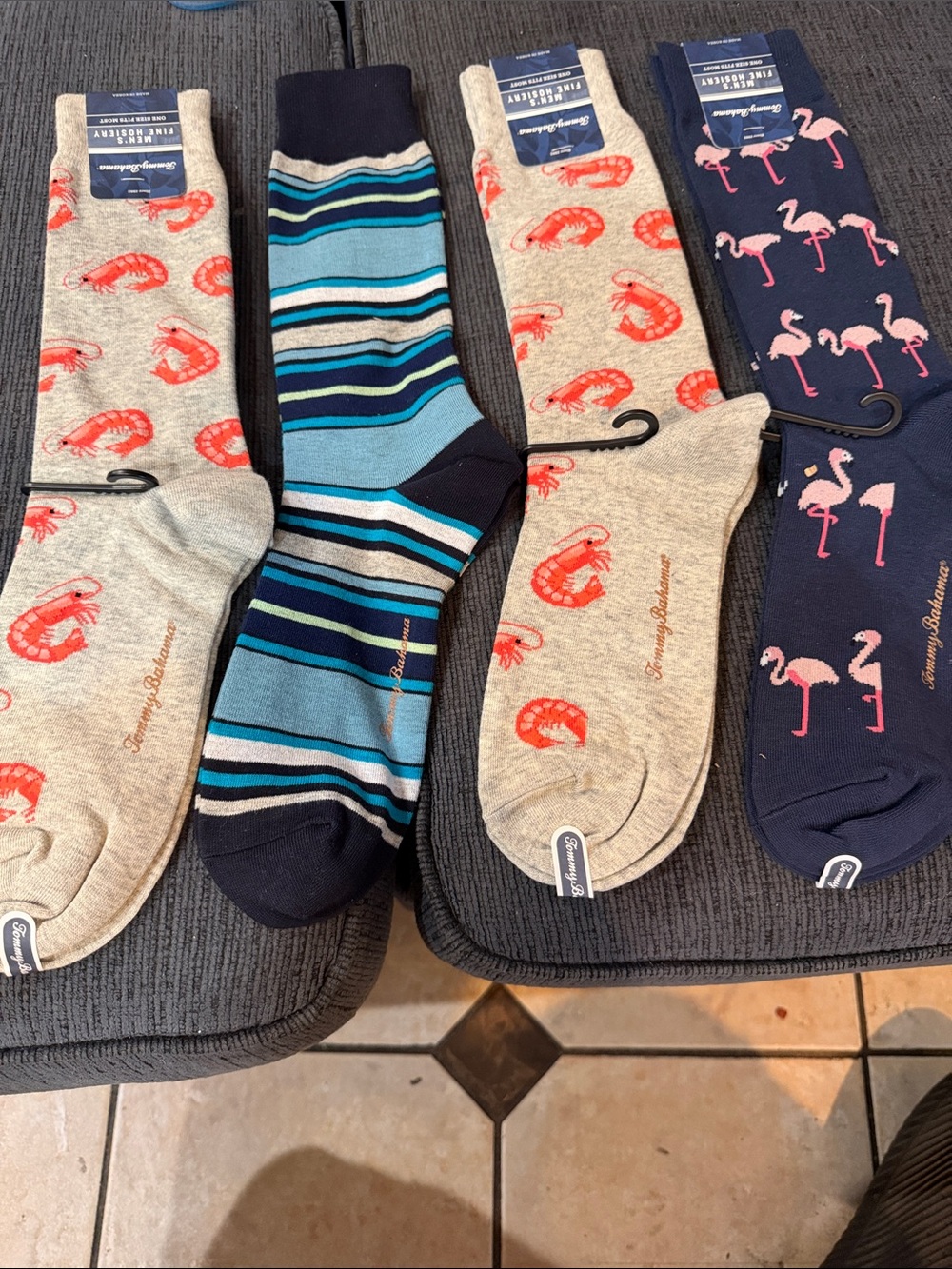 Tommy Bahama Men’s Crew Socks - Coral Shrimp, Teal Stripes, Navy Flamingo